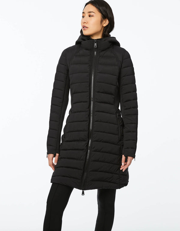 womens non bulk mid length black padded outerwear made from recycled post consumer plastic bottles