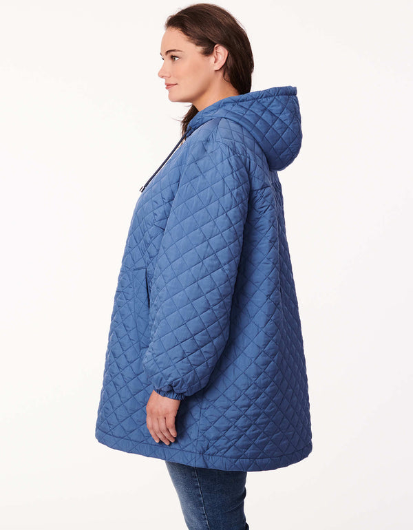 plus size blue lightweight quilted jacket with drawstring hood cinched cuffs and slanted hand pockets as womens winter cloth