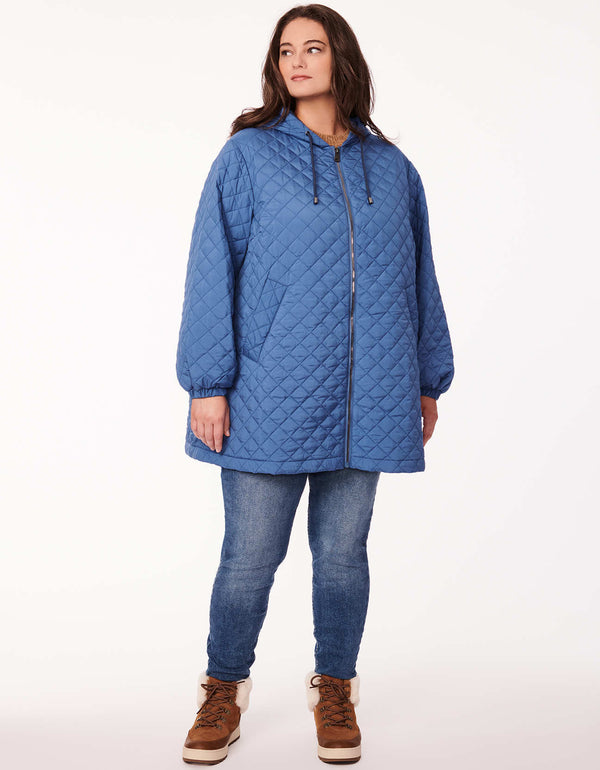 get superior warmth while wearing fashionable plus size winter clothes without the bulk with this mid length quilted jacket with oversized fit in blue