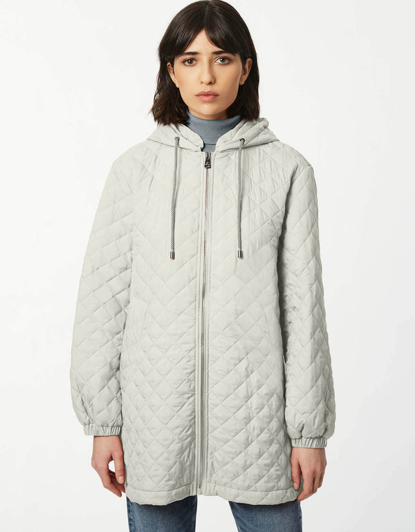 get superior warmth without the bulk with this mid length quilted jacket with oversized fit in moon glow color