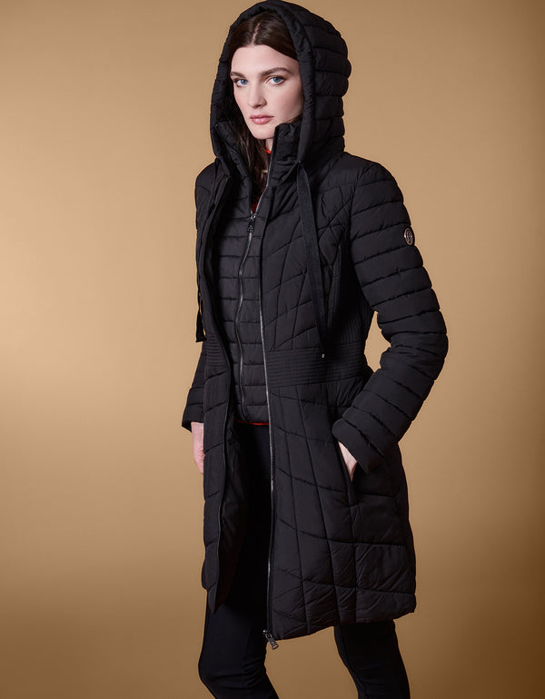 womens puffer coat that does double duty through this semi fitted mid length style zips off to become a vest