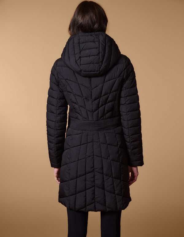 hooded puffer jacket in black that is mid length and flare shape as womens outerwear for sale in the US