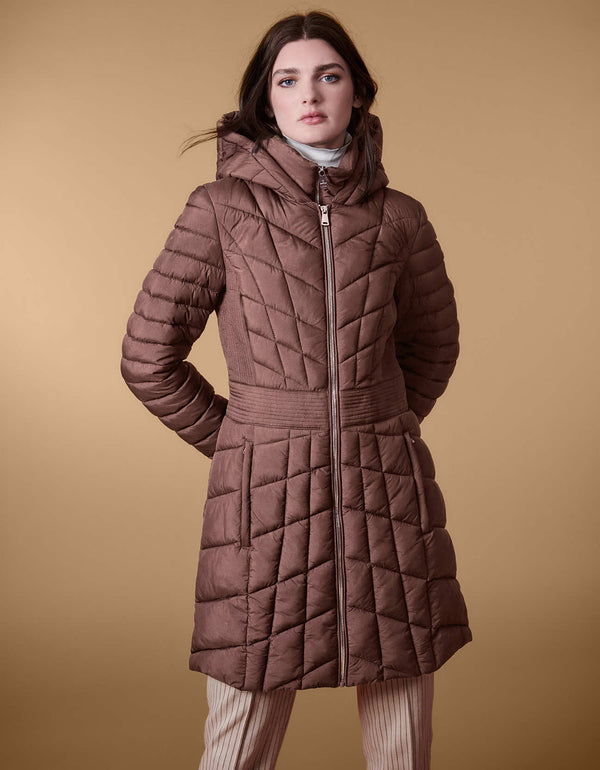 packable mid length puffer coat with hood in light brown color for a modern womans business casual look