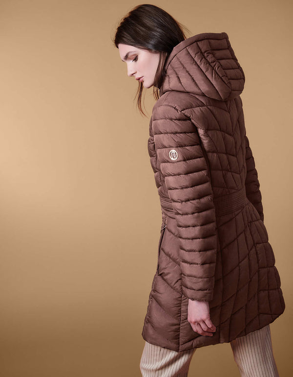 brown colored hooded puffer jacket that is mid length and flare shape as womens outerwear for sale in the US