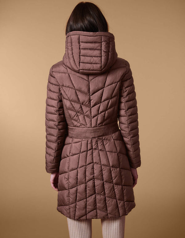winter coat called a puffer jacket in mid length and flare design in brown color