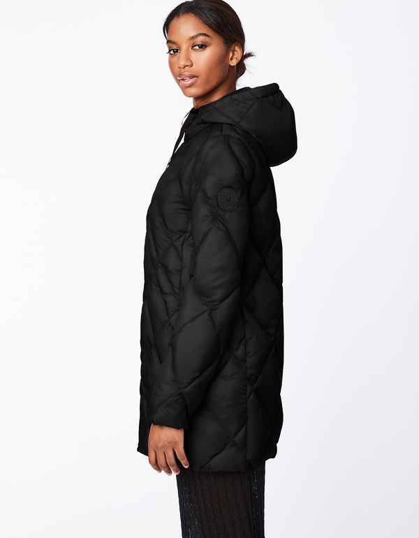 black hooded puffer jacket for women that features a drawstring hood and concealed zip pockets