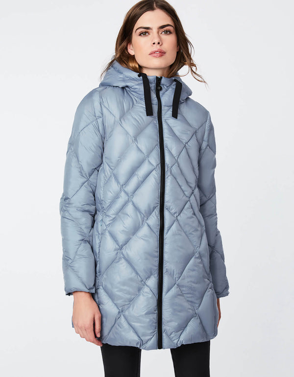 classic mid length fit puffer coat for women in a zip front silhouette with drawstring hood and concealed zip pockets