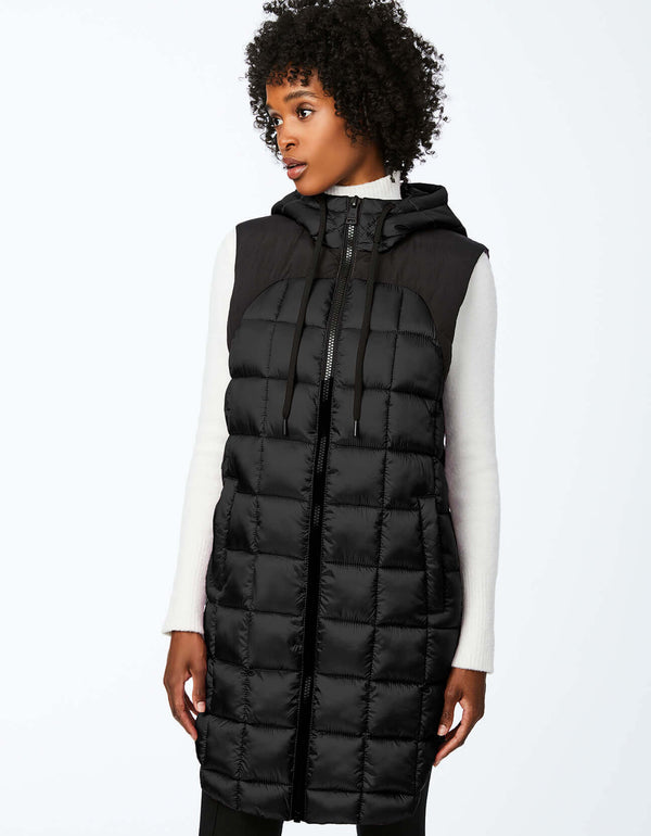 water resistant hooded puffer vest for women in hip length made of eco friendly materials