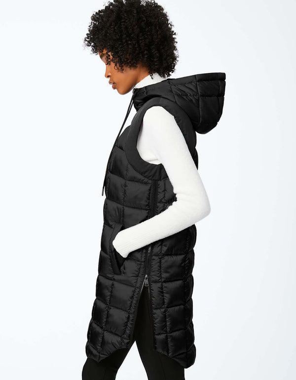 long hooded puffer vest with side zip vents hand pockets and EcoPlume warmth from sustainable insulation