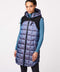 long hooded puffer vest in violet with side zip vents hand pockets and EcoPlume warmth from sustainable insulation