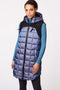 long hooded puffer vest in violet with side zip vents hand pockets and EcoPlume warmth from sustainable insulation