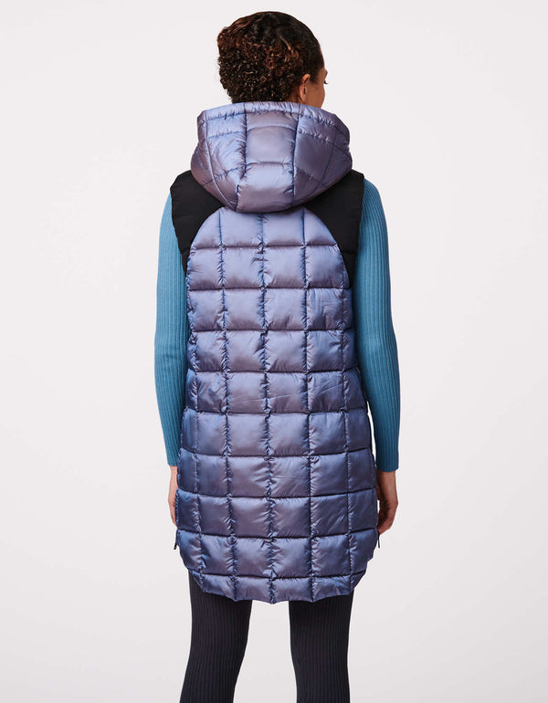 water resistant hooded puffer vest for women in hip length made of eco friendly materials available in violet