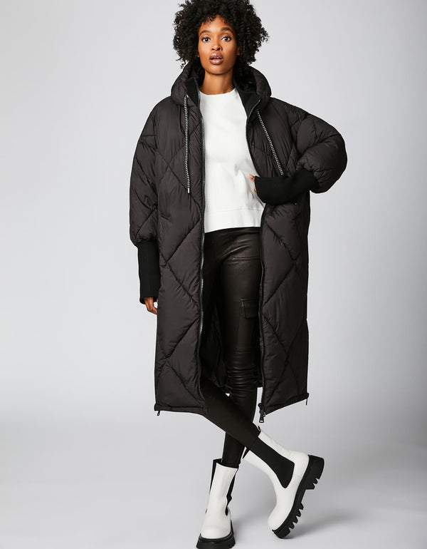 black and cozy sleeping bag walker coat with drawstring hood two way zip front side zip vents
