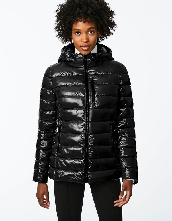 womens cross country gloss puffer outerwear with a drawstring funnecl neck with hood features