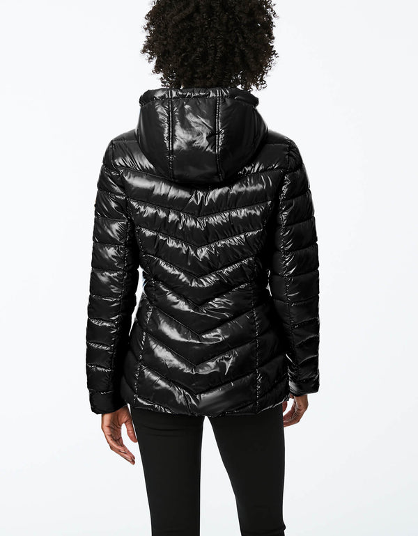 back view of a quilted glossy funnel puffer jacket for women thats slim fit and hip length