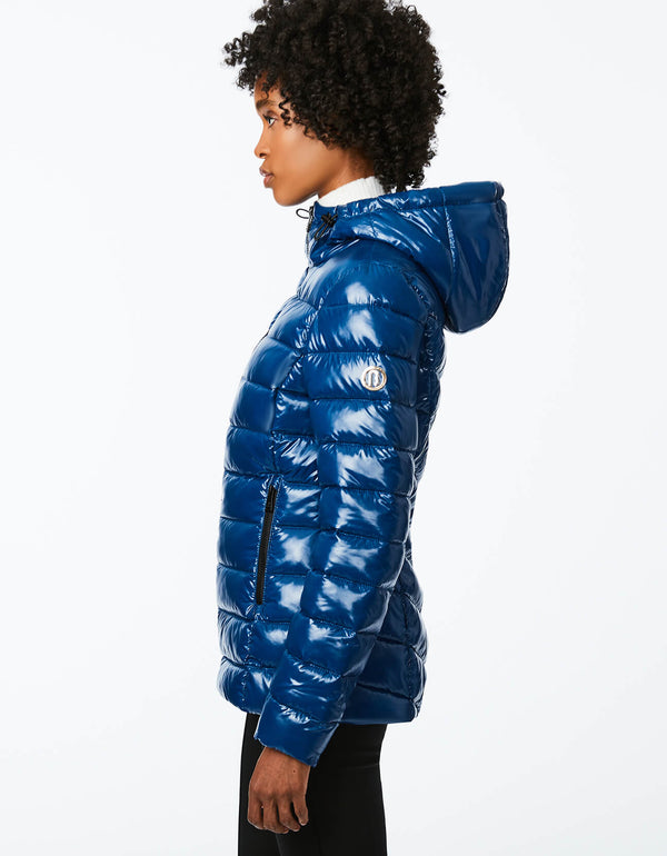 cruelty free funnel padded jacket for women with zip front hand pockets and slim silhouette