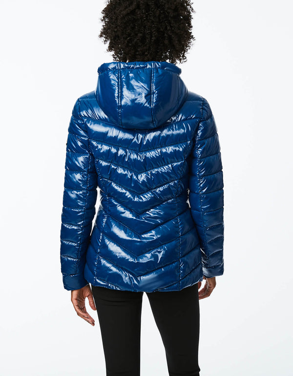 slim fit and hip length women jacket in river blue color with a packable glossy finish design