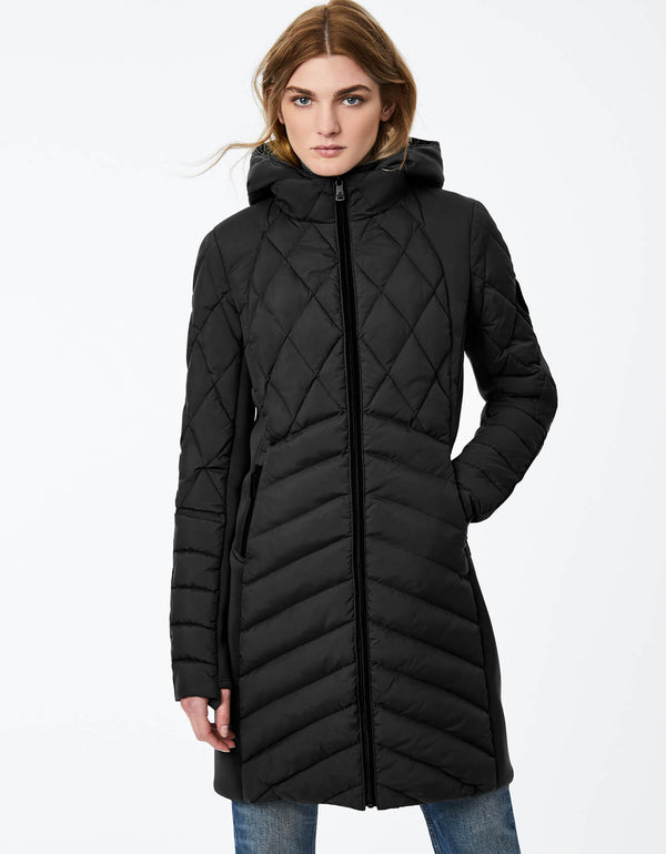 Get extra warmth coverage this winter when you buy this quilted puffer jacket for women with paneled design of neoprene