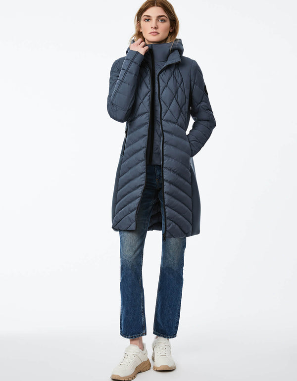 blue padded outerwear for women with stand collar zip front on seam slip pockets and thumbhole sleeves
