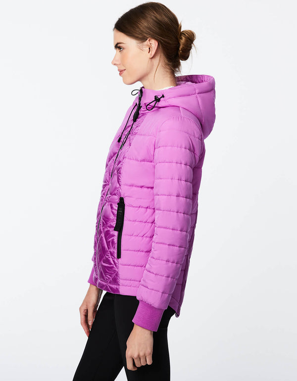 hooded violet puffer jacket for women with a bungee drawstring hood tabbed zip front and funnel neck