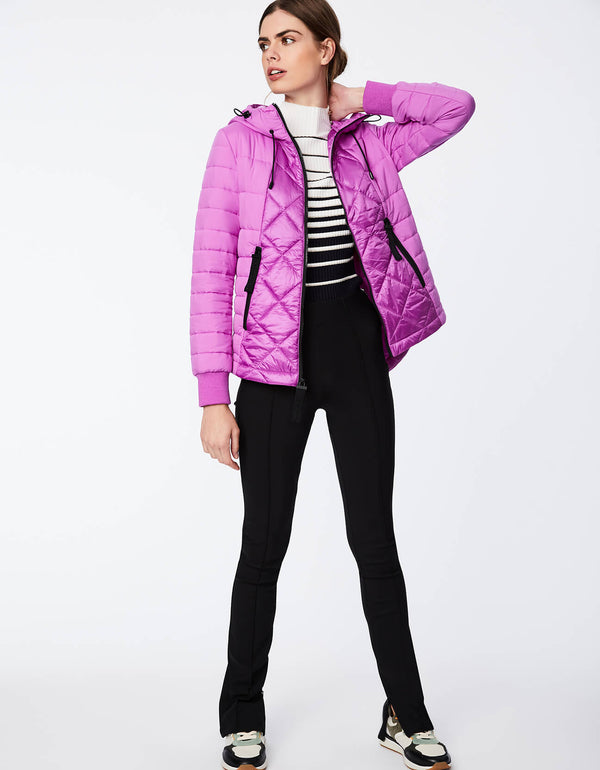 womens loud violet puffer jacket with a tabbed zip front and pockets and shirrtail hem for extra warm coverage