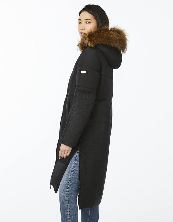 classic fit knee length black classic wool combo puffer coat with hood from cruelty free luxury brand Bernardo Fashions
