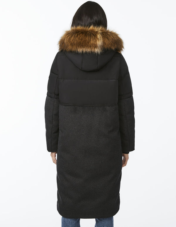 cute coats and jackets for working women include this black wool combo puffer coat with faux fur hood