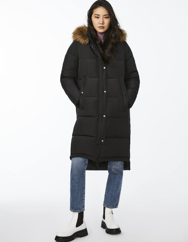 black classic wool combo puffer coat with fake fur trimmed hood and snap hand pockets