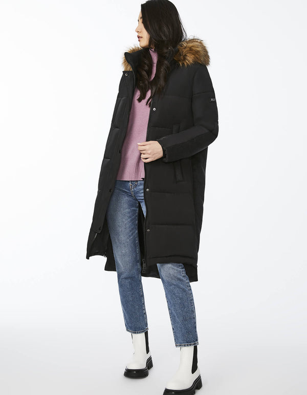 womens winter coats and jackets from Bernardo Fashions in the USA feature this black wool combo puffer coat with faux fur hood
