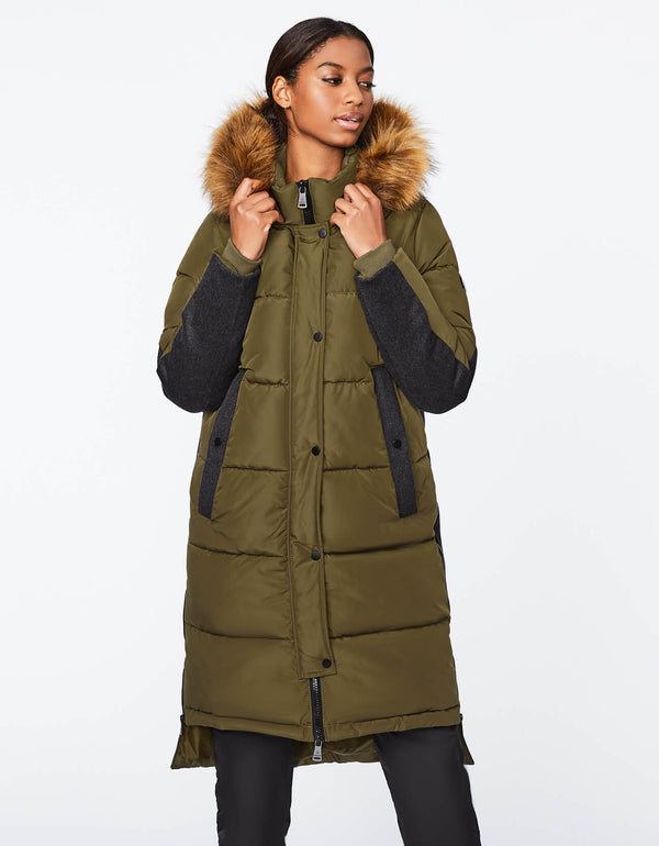 classic fit knee length olive green classic wool combo puffer coat with hood from cruelty free luxury brand Bernardo Fashions