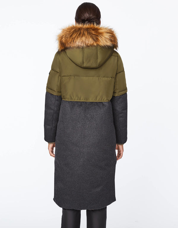 Green wool puffer combo coat from Bernardo Fashions a sustainable outerwear online store from the United States