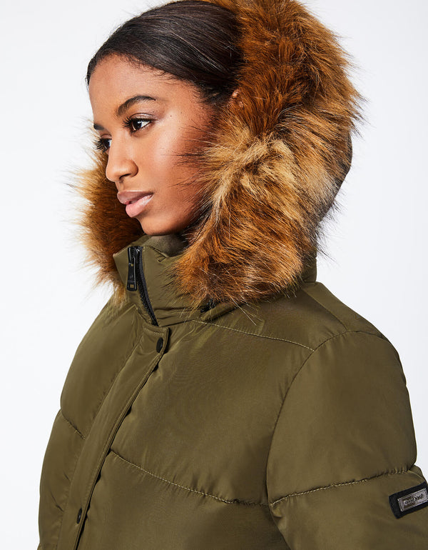 womens winter coats and jackets from Bernardo Fashions in the USA feature this olive green wool combo puffer coat with faux fur hood