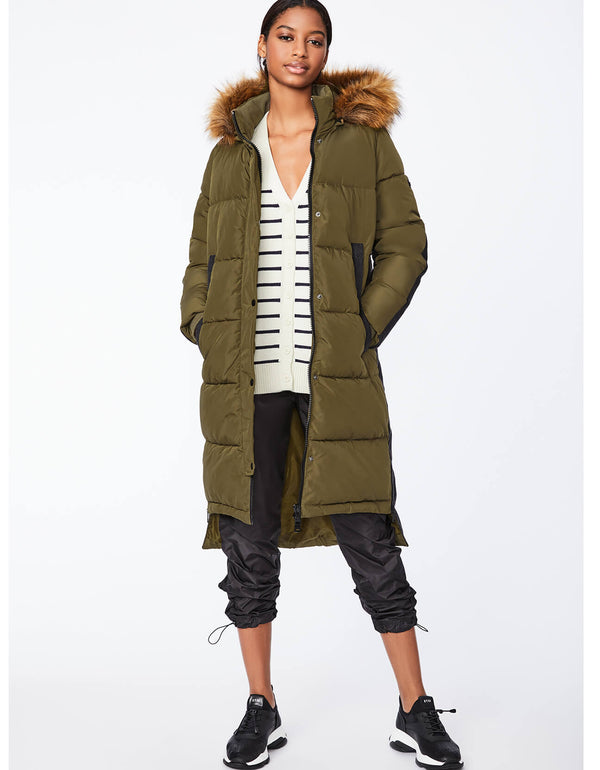 cute coats and jackets for working women include this olive green wool combo puffer coat with faux fur hood