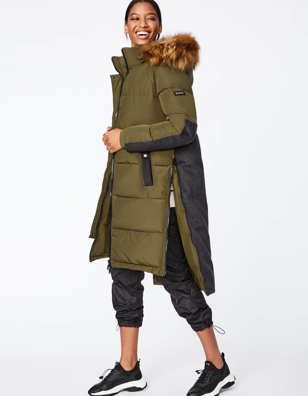 olive green classic wool combo puffer coat with fake fur trimmed hood and snap hand pockets
