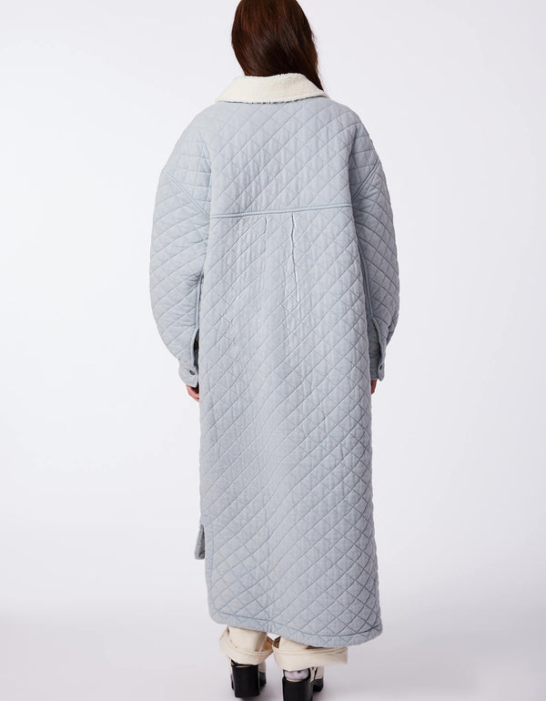 quilted french terry in light blue gray with a faux shearling collar