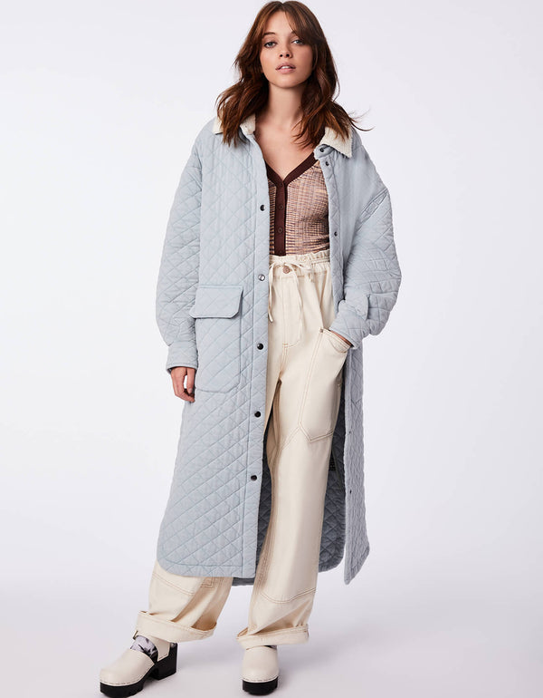 soft and quilted walker in light blue gray with faux wool shearling collar