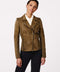 brown genuine leather moto jacket for women is warm and flattering in a slim fit