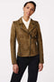 brown genuine leather moto jacket for women is warm and flattering in a slim fit
