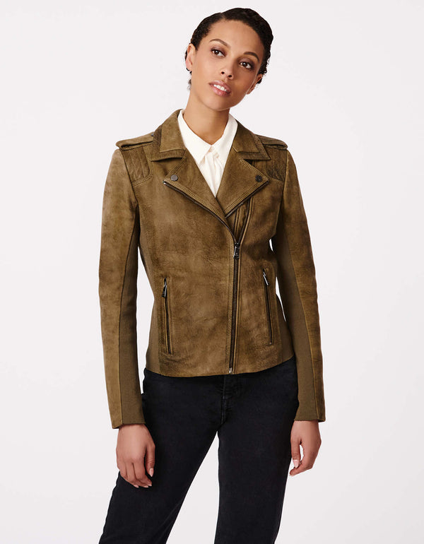 brown genuine leather moto jacket for women is warm and flattering in a slim fit