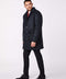 mens black long wool coat below mid length with sustainable EcoPlume insulation and oversized patch pockets for modern men fashion during winter 