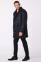 mens black long wool coat below mid length with sustainable EcoPlume insulation and oversized patch pockets for modern men fashion during winter 