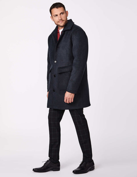 mens black long wool coat below mid length with sustainable EcoPlume insulation and oversized patch pockets for modern men fashion during winter 