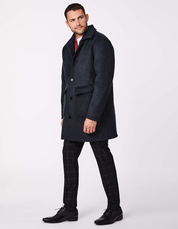 mens black long wool coat below mid length with sustainable EcoPlume insulation and oversized patch pockets for modern men fashion during winter