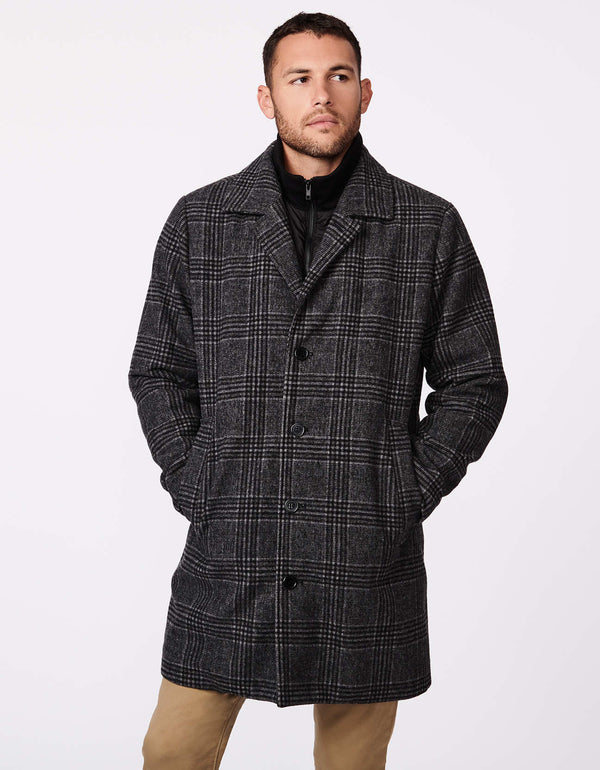 mens wool winter coat in plaid for winter is versatile with a detachable bib that has Ecoplume™ filler
