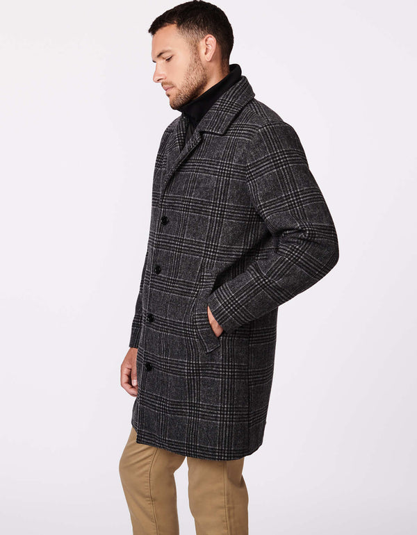 best winter wool coat for men in plaid with  button closures, inner part zips up to the stand collar