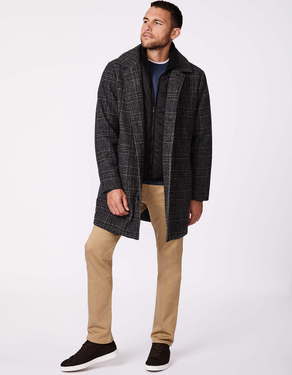 winter work wool coat in plaid for men designed with a detachable bib
