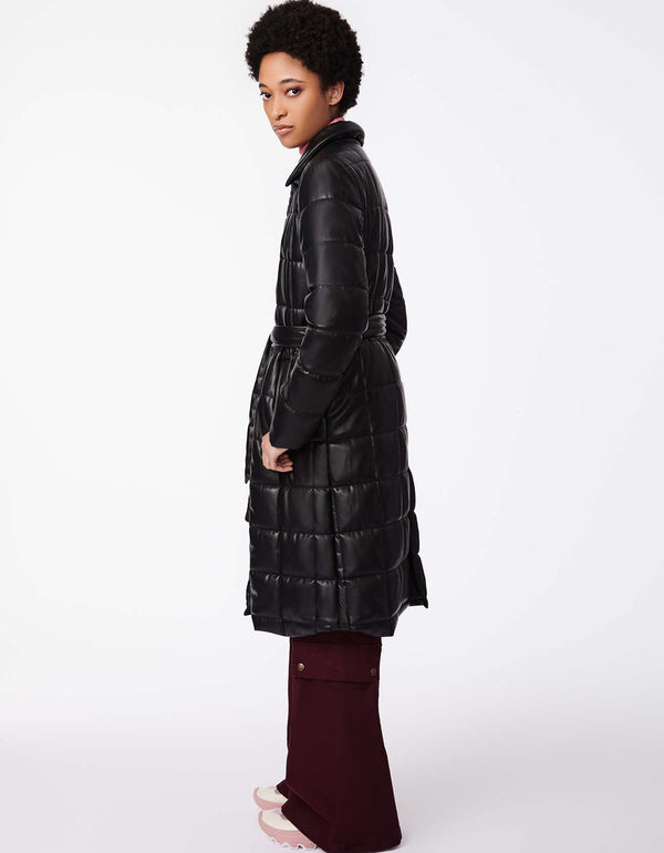 womens vegan puffer coat with a slim knee length fit and sustainable filing made from plastic water bottles