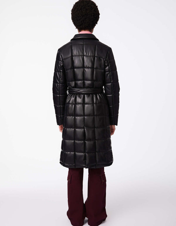 belt the long black puffer coat to streamline the silhouette the knee length style has a long back vent for easy steps