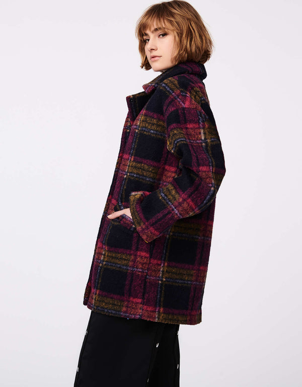 fashionable clothes from sustainable clothing brand Bernardo Fashions womens oversized plaid wool coat in navy pink and camel palette