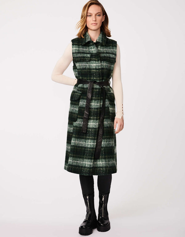 green long plaid wool vest in below knee length with matching tie up belt and oversized patch pockets